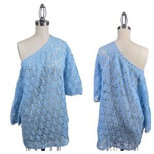 Handmade Crochet Lace Top sz S Blue Boho Cottagecore Knit Sweater Romantic Beach